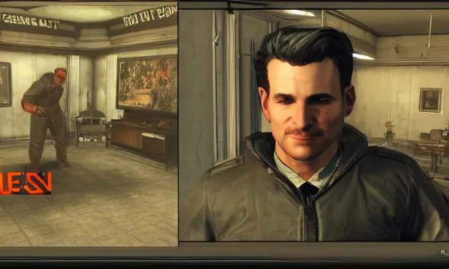 Image similar to ingame dialog talking!!!!!!!!! to dennis!!!!! bateman!!!!! in fallout 5, hd 4 k max settings raytracing