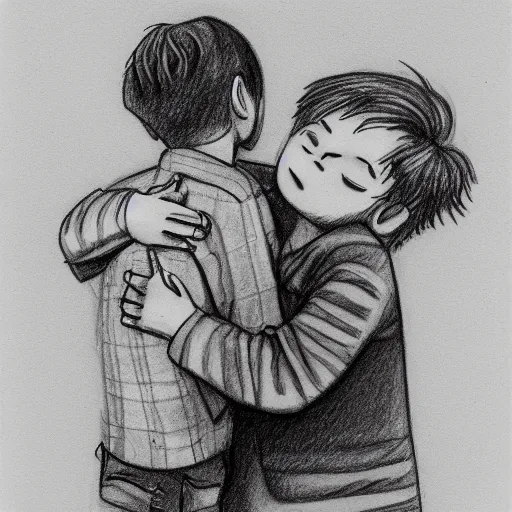 Prompt: sentimental boy hugging a cactus, pencil sketch, black and white