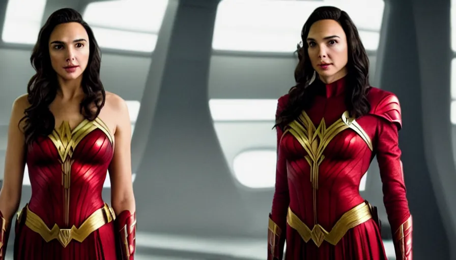 Image similar to Gal Gadot, wearing command red, is the captain of the starship Enterprise in the new Star Trek movie