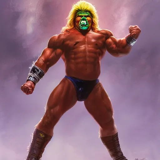 Image similar to The ultimate warrior, WWF, American Wresting, Royal Rumble, cinematic lighting, highly detailed, digital painting, concept art, smooth, sharp focus, illustration, art by Artgerm and Greg Rutkowski