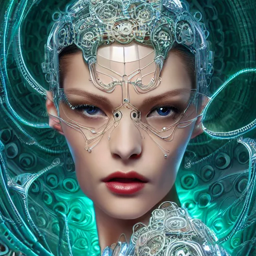 Prompt: very seductive woman integrating with technology, full face, insipiring, detailed intricate ornate cables connected to head, big open electric eyes, luxurious detailed abundent wiring and implants, diamonds, sci-fi, neon, emeralds, detailed technology full background, highly detailed, artstation, Rene Lalique and Eddie Mendoza and Gil Elvgren