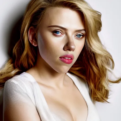 Prompt: beautiful portrait photo of Scarlett Johansson, 85mm, white studio backdrop. She is bending over to pick something important up. you cannot see her face in the image.