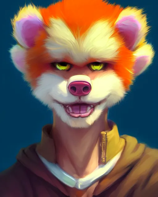 Image similar to character concept art of a cute young colorful male anthropomorphic furry | | cute - fine - face, pretty face, key visual, realistic shaded perfect face, fine details by stanley artgerm lau, wlop, rossdraws, james jean, andrei riabovitchev, marc simonetti, and sakimichan, trending on artstation