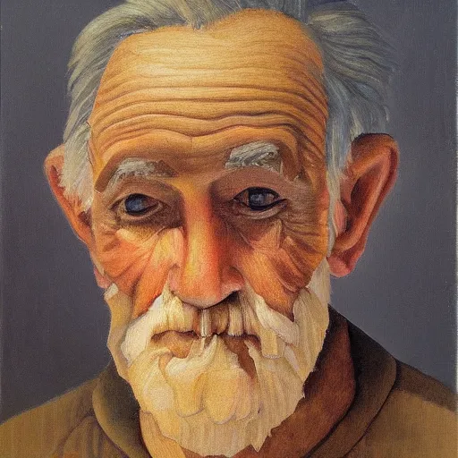 Image similar to detailing character concept portrait of old man by Grant Wood, on simple background, oil painting, middle close up composition