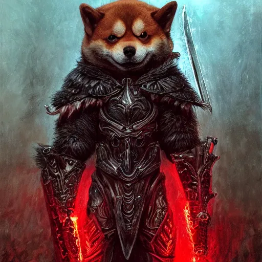 Image similar to anthropomorphic shiba inu, berserk anime guts armor and two hand guts sword, red light aura, fantasy, dark, portrait art by donato giancola and greg rutkowski, realistic face, visible aura, digital art, trending on artstation, symmetry