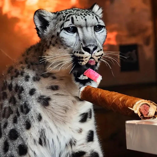 Prompt: Snow leopard smoking a cigar in the club, award winning photo