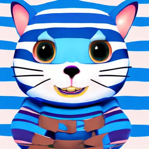 Image similar to cute blue striped cheshire cat from alice in wonderland. an adorable cat with light blue stripes, blue eyes and a big playful smile. award - winning digital art by mona sundberg