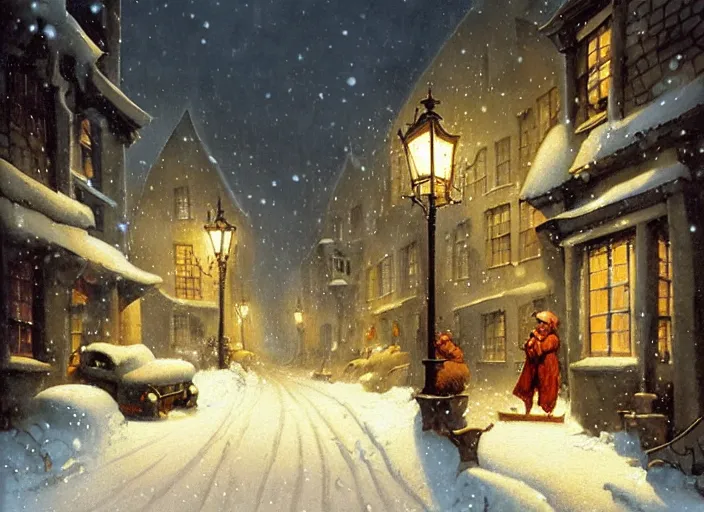 Image similar to a night scene of a snowy street, a detailed painting by anton pieck and gil elvgren, deviantart contest winner, fantasy art, concept art, official art