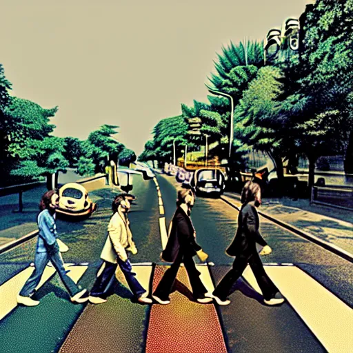 Image similar to beatles crossing abbey road on lsd, hyper detailed, dramatic lighting, cgsociety, realistic, hyper detailed, insane details, intricate, dramatic lighting, hypermaximalist, golden ratio, rule of thirds, octane render, weta digital, micro details, ultra wide angle, artstation trending, 8 k,