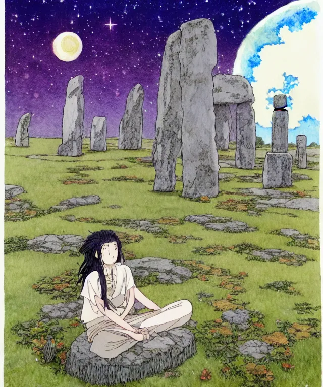 Image similar to a hyperrealist studio ghibli watercolor fantasy concept art. in the foreground is a giant long haired grey witch in lotus position sitting on top of stonehenge with a starry sky in the background. by rebecca guay, michael kaluta, charles vess