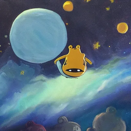 Prompt: jake the dog floating in space, romantic oil painting, dark, melanchonic, adventure time