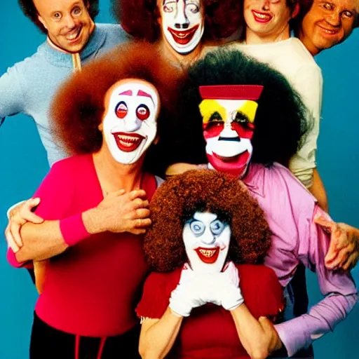 Image similar to vintage 1 9 8 0's sitcom publicity photo, a happy photogenic family and richard simmons as a clown inside a 1 9 8 0's sitcom living room, correct faces, symmetrical faces