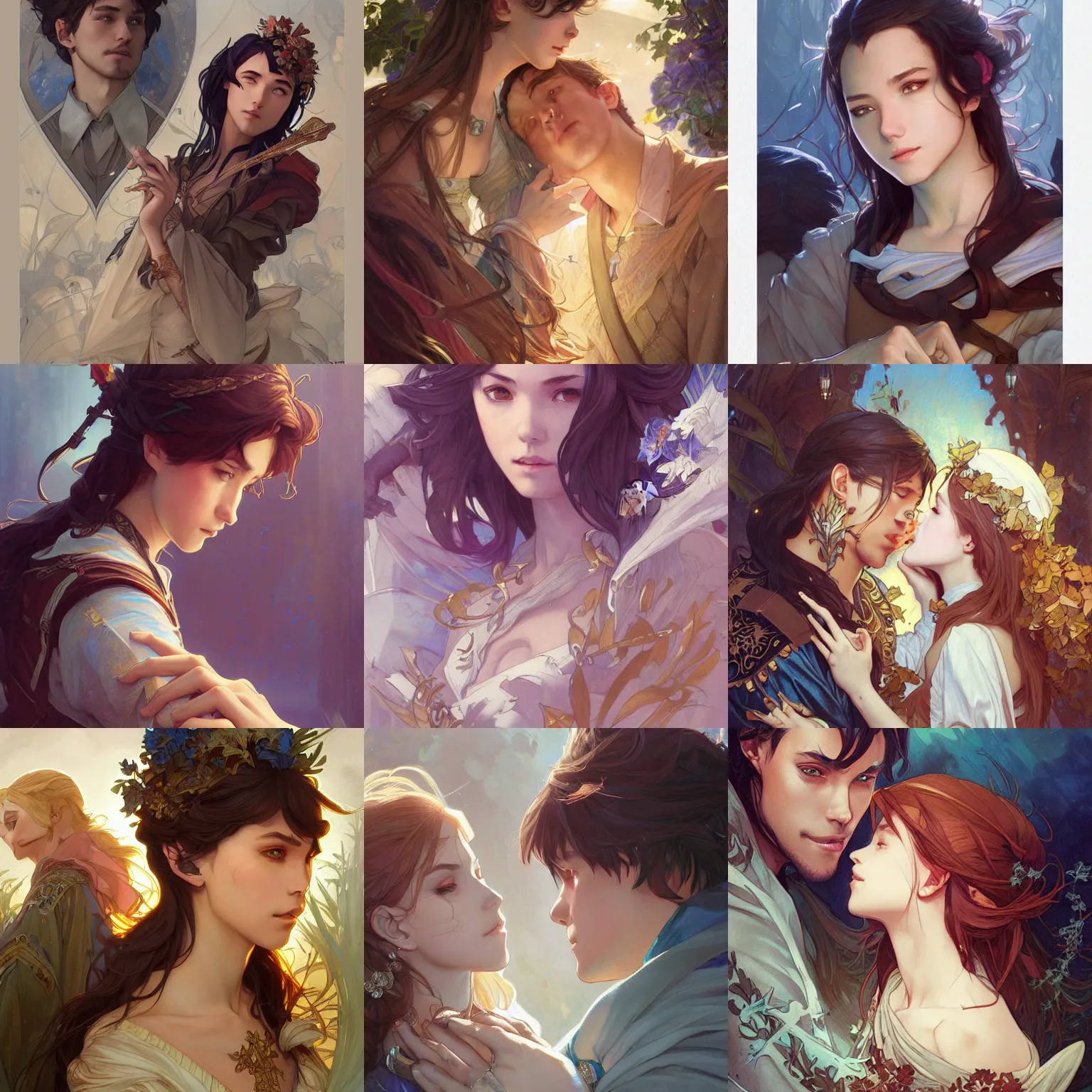 Prompt: romeo and juliet, art by artgerm and greg rutkowski and magali villeneuve and alphonse mucha and rossdraws and makoto shinkai, d & d, fantasy, portrait, highly detailed, headshot, digital painting, trending on artstation, concept art, sharp focus, illustration