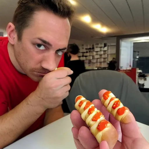 Prompt: man sad that he has the worlds smallest hotdog, award winning photography