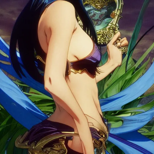 Prompt: highly detailed vfx portrait of nico robin by eiichiro oda, makoto shinkai, alphonse mucha, sharp focus, art by artgerm and greg rutkowski!, backlit, harsh overhead sunlight, blue eyes, takeshi obata, kaoru mori, tsutomu nihei, hayao miyazaki, pixiv, fanbox,