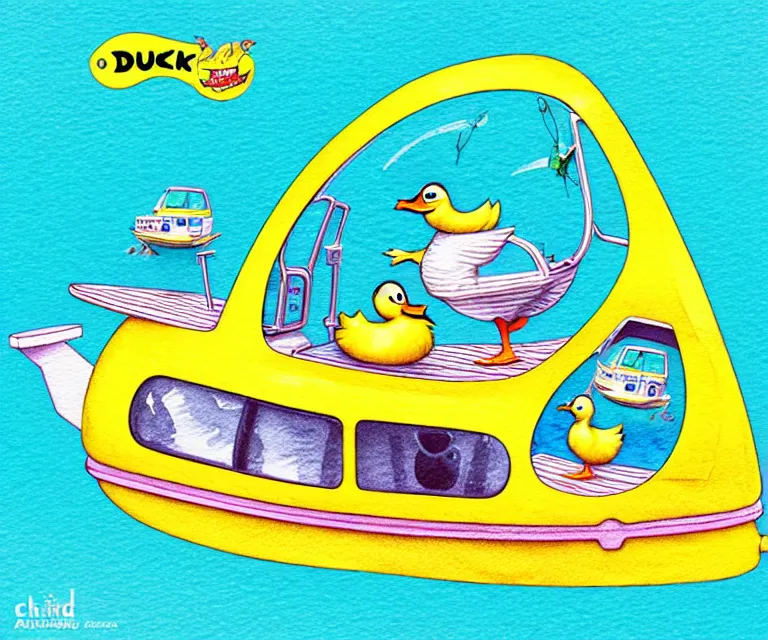 Image similar to cute and funny, duck riding in a tiny cruise ship, ratfink style by ed roth, centered award winning watercolor pen illustration, isometric illustration by chihiro iwasaki, edited by craola, tiny details by artgerm and watercolor girl, symmetrically isometrically centered