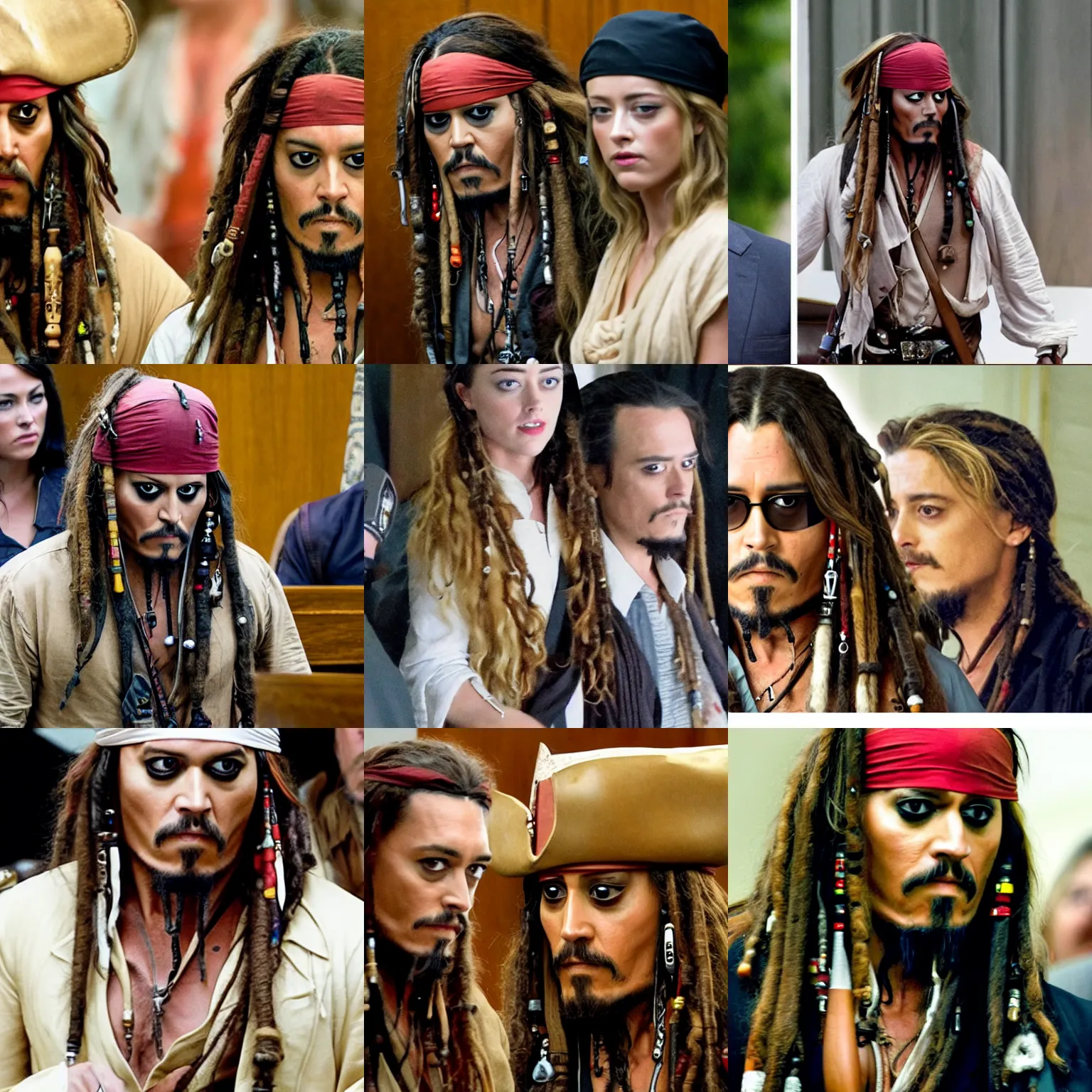 Prompt: photo of jack sparrow in courtroom with amber heard, detailed