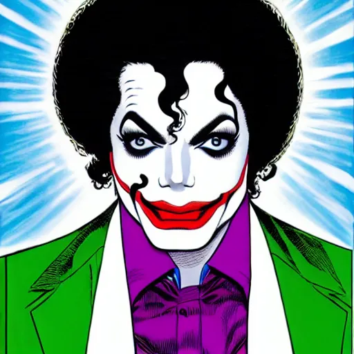Image similar to dynamic macro head portrait of beautifu michael jackson as the joker in white sequined jacket by john romita sr and cory walker and ryan ottley and jack kirby and barry windsor - smith, comic, illustration, photo real