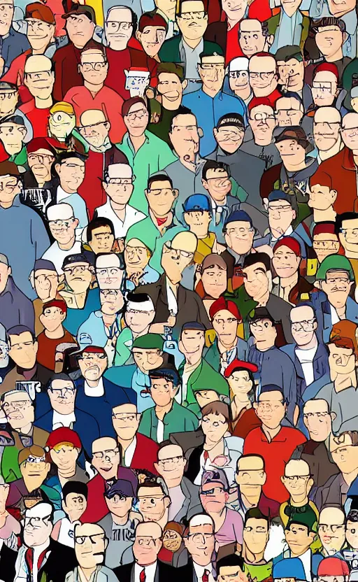 Image similar to hank hill in the style of'where's waldo'book