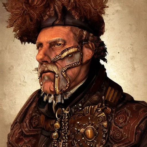 Image similar to portrait headshot digital painting of a old 17th century old cyborg merchant amber jewels baroque ornate clothing scifi hyper realistic