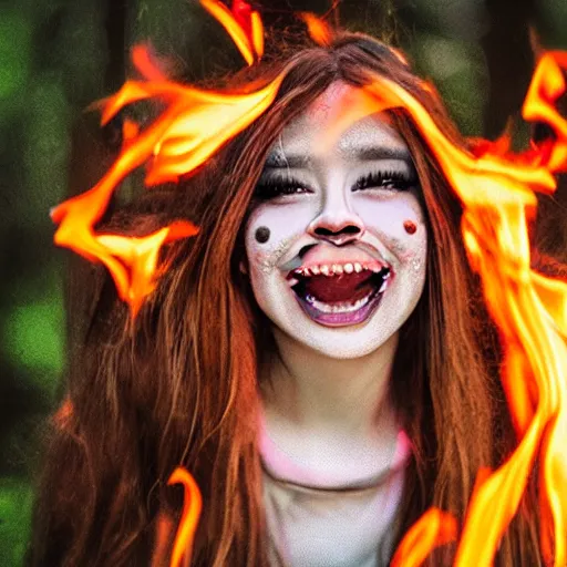 Prompt: hyper - realistic close - up on the smiling ugly face of a tik tok influencer dancing in a forest in fire