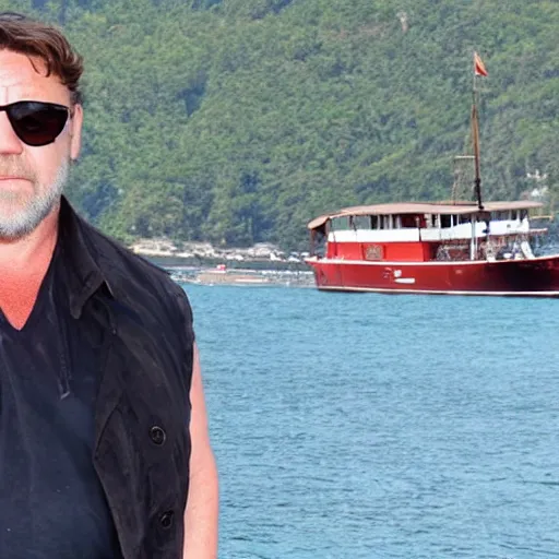 Prompt: Russell Crowe buffed on a little steamboat discovering new countries