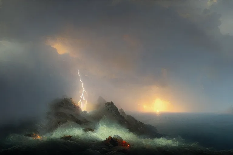 Image similar to tower in lightning storm at the top of a mountain, tornado, oil painting by Ivan Aivazovsky and Greg Rutkowski, artstation, fantasy, intricate, beautiful, cinematic, octane render, arnold render, 8k, hyper realism, detailed, sharp focus, 4k uhd, masterpiece, award winning