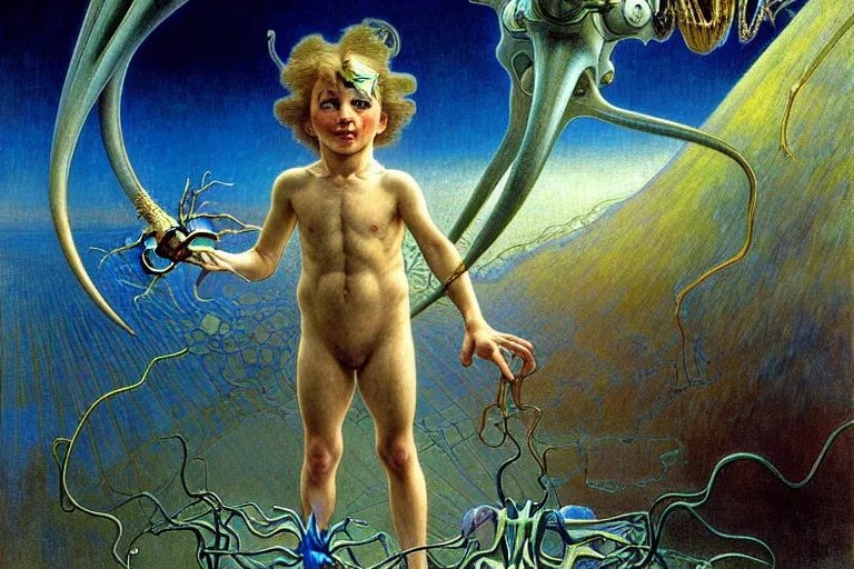 Prompt: realistic extremely detailed portrait closeup painting of a ghost kid playing with giant spider, futuristic sci-fi landscape on background by Jean Delville, Amano, Yves Tanguy, Alphonse Mucha, Ernst Haeckel, Edward Robert Hughes, Roger Dean, rich moody colours, blue eyes