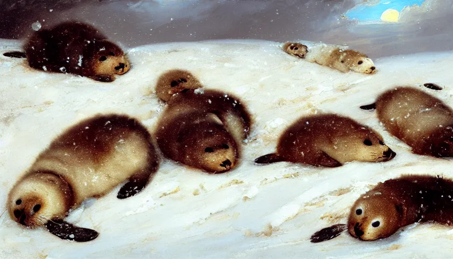 Image similar to highly detailed closeup painting of cute furry white baby seals in a pile of jam pancakes in the snow by william turner, by greg rutkowski, by william constable, thick brush strokes and visible paint layers, 4 k resolution