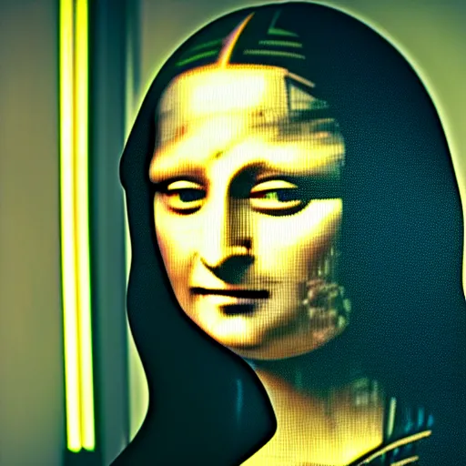 Prompt: cinematic movie still of cybernetic character named Mona Lisa in Neuromancer, futuristic eye implant, cyberpunk, XF IQ4, 150MP, 50mm, F1.4, ISO 200, 1/160s, twilight in the city