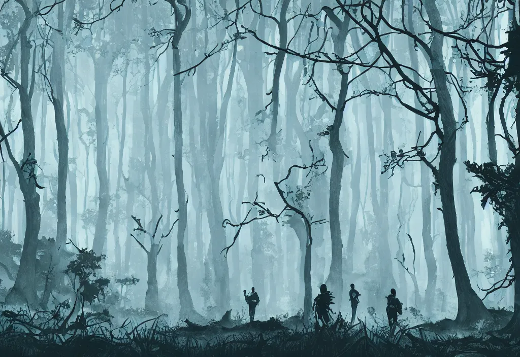 Prompt: handmade illustration of a big forest, line art, ink, some small silhouetted medieval men among the trees, watercolor by Kilian Eng and by Jake Parker, winning-award masterpiece, fantastic, octane render, 8K HD Resolution, High quality image