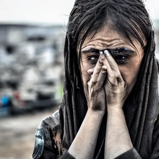 Image similar to photographic portrait of a poor techwear woman holding back tears, a futuristic shanty town burns in the background, closeup, sigma 85mm f/1.4, 4k, depth of field, high resolution, 4k, 8k, hd, full color