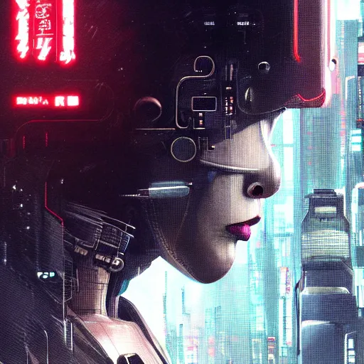 Image similar to concept art of a japanese cyborg, finely detailed features, cyborg robot parts, futuristic vr headset, blade runner, dramatic cinematic, at cyberpunk city, ghost in the shell, akira, odeo, cinematic lighting, in danger, noir, trending on pixiv fanbox, painted by greg rutkowski, makoto shinkai, takashi takeuchi