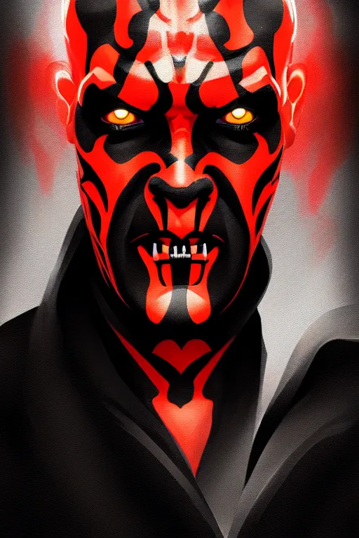 Prompt: a portrait of the darth maul, cyberpunk, grim - lighting, high - contrast, intricate, elegant, highly detailed, digital painting, artstation, concept art, smooth, sharp focus, illustration