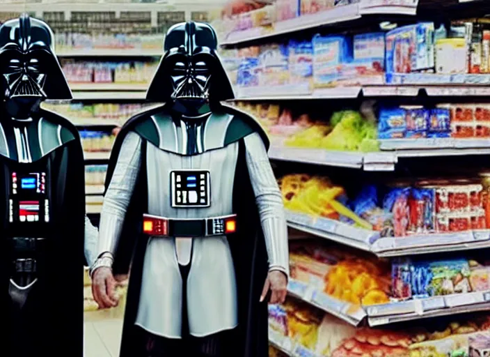 Image similar to film still of Darth Vader working as a cashier at a grocery store in the new Star Wars movie, 4k