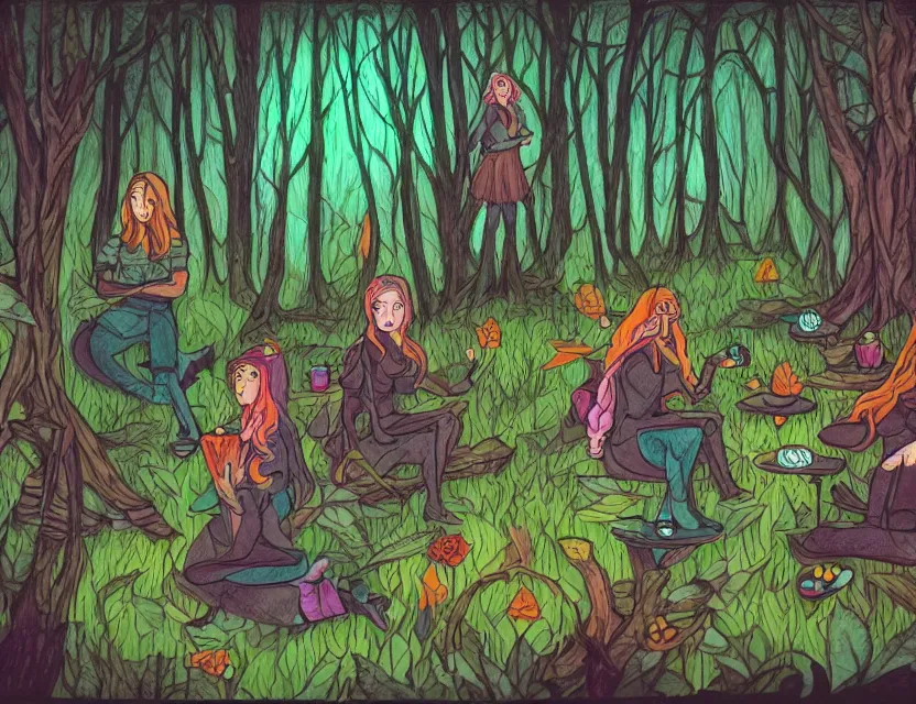 Prompt: ethinically diverse witches in a forest cafe. complementary colors, copic markers, indie concept art, bloom, chiaroscuro, backlighting, intricate details.