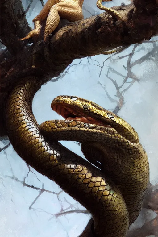 Prompt: snake on a tree, snake head close - up, snake eyes, oil painting, sunlit, paint texture, digital painting, highly detailed, artstation, sharp focus, illustration, concept art, ruan jia, charlie bowater, tom bagshaw, norman rockwell