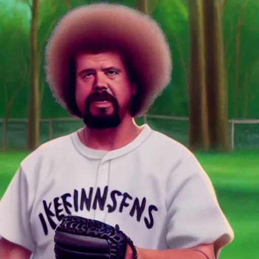 Image similar to a closeup photorealistic photograph of bob ross style kenny powers playing baseball, painting on a canvas. mountains and trees. film still. brightly lit scene. this 4 k hd image is trending on artstation, featured on behance, well - rendered, extra crisp, features intricate detail, epic composition and the style of unreal engine.