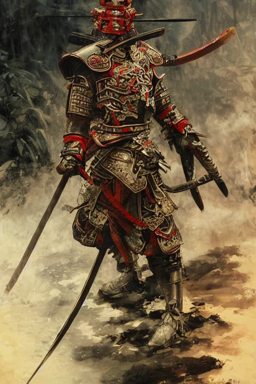 Image similar to close up of a samurai in armor resembling dragon skin and a helmet resembling a dragon head, in a dark bamboo forest, by huang guangjian and gil elvgren, sachin teng, greg manchess