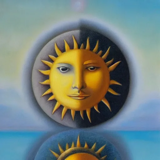 Prompt: sun and moon, surrealism, oil on canvas, high detail, masterpiece