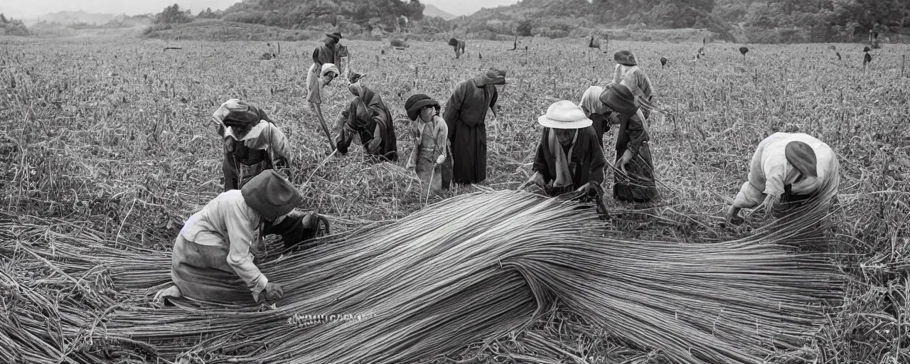 Prompt: harvesting spaghetti in rural 1 8 0 0 s japanese countryside, ultra - realistic faces, fine detail, canon 5 0 mm, in the style of ansel adams, wes anderson, kodachrome