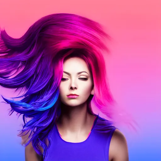 Image similar to a award winning upper body portrait of a beautiful woman in a coprtop with a ombre purple pink hairstyle with head in motion and hair flying, outrun, vaporware, vivid colors, highly detailed, fine detail, intricate