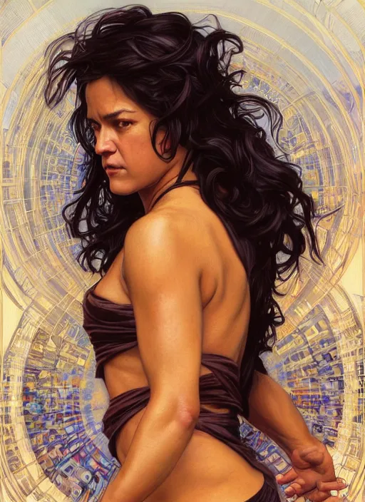 Prompt: Michelle Rodriguez as feisty latino woman, head and shoulders portrait, intricate, elegant, highly detailed, centered, digital painting, artstation, concept art, smooth, sharp focus, illustration, art by artgerm and donato giancola and alphonse mucha