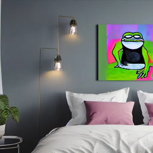 Image similar to pepe the frog painting inside a colorful studio photo in a bedroom