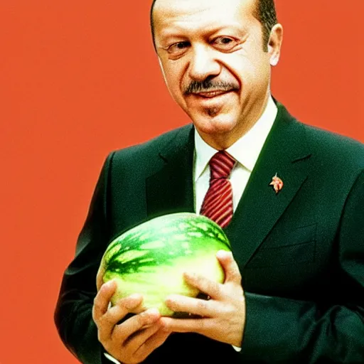 Image similar to recep tayyip erdogan smiling holding watermelon for a 1 9 9 0 s sitcom tv show, studio photograph, portrait c 1 2. 0