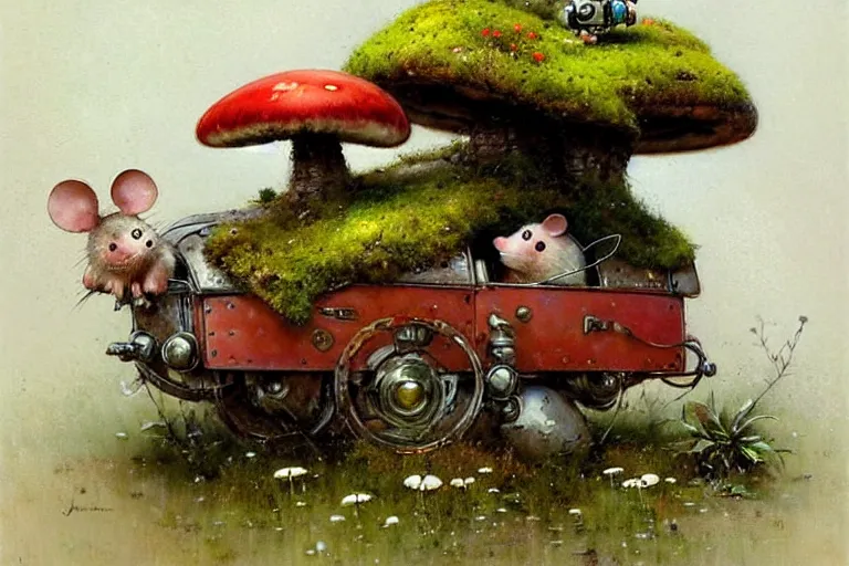 Image similar to adventurer ( ( ( ( ( 1 9 5 0 s retro future robot android fat mouse house wagon mushrooms, flowers, moss. muted colors. ) ) ) ) ) by jean baptiste monge!!!!!!!!!!!!!!!!!!!!!!!!! chrome red