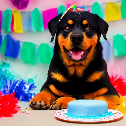 Image similar to a high - quality photo of a cute rottweiler with a half - eaten birthday cake, party streamers, 4 5 mm, f 3. 5, sharpened, iso 2 0 0, raw,