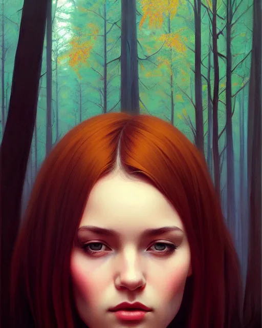 Image similar to stylized portrait of an artistic pose, composition, young lady sorrounded by fall nature, dense forest, moody cinematic colors one single head, realistic shaded, fine details, realistic shaded lighting poster by ilya kuvshinov, magali villeneuve, artgerm, jeremy lipkin and michael garmash and rob rey