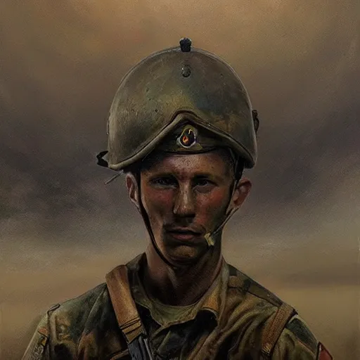Prompt: a stunning portrait painting of a soldier in a post apocalyptic landscape