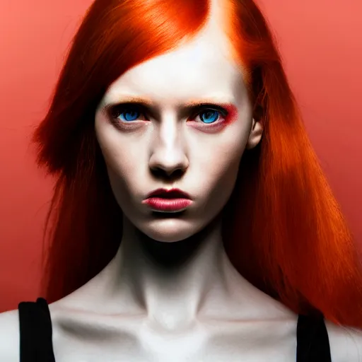 Prompt: futuristic woman, portrait, Cyberpunk, glowing skin, beautiful girl, red hair, ginger hair, dark fantasy, extremely detailed, sharp focus, model